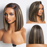 Perruque Bob Lace Front en Cheveux Humains Pré-épilée avec Reflets Blonds Ombrés