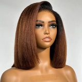 Perruque Bob Kinky Brésiliens Cheveux Naturels Ombrés Marron avec Dentelle Complète Faux Cuir Chevelu et Raie Libre, Pré-épilée