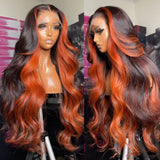 Essence | Perruque Lace Front 13X6 en Cheveux Humains Vierges Roux Foncé Mèches Claires
