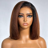 Perruque Bob Kinky Brésiliens Cheveux Naturels Ombrés Marron avec Dentelle Complète Faux Cuir Chevelu et Raie Libre, Pré-épilée
