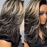 Perruque Bob Lace Front Ombrée Blonde Superposée Ondulée en Cheveux Humains, Densité 180%