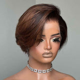 Perruque Lace Front à Cheveux Humains, Coupe Pixie Asymétrique, Mèches Miel et Marron, Pré-épilée
