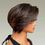 Perruque Lace Front à Cheveux Humains, Coupe Pixie Asymétrique, Mèches Miel et Marron, Pré-épilée