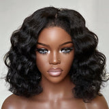 Perruque Bob Courte Wavy Light Yaki avec Cordon de Serrage, Fermeture en Dentelle Pré-découpée Ajustée 4C Edge 9x6