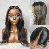 Perruque Lace Wig Ondulée Superposée Highlightées à Cordon de Serrage sans Colle, Taille 9x6/13x6