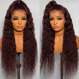 Perruque en cheveux humains naturelle, dentelle frontale 13x4|13x6, jolies ondulations lâches, bordeaux foncé