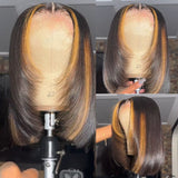 Perruque Lace Front à Coupe Carrée Dégradée Cheveux Humains Blonds Mèches