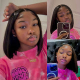 Perruque Bob lisse en cheveux humains avec raie libre, pre-plumée, lace frontale avec faux cuir chevelu