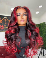 Perruque Lace Frontale Cheveux Humains Evelyn 13x4/13x6 Ombre Rouge Mèches Pré-Pluckées