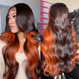 Essence | Perruque Lace Front 13X6 en Cheveux Humains Vierges Roux Foncé Mèches Claires