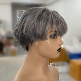 Perruque frontale coupe pixie en cheveux naturels gris poivre et sel