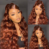 {Soldes Exceptionnels} Perruque Frontale 13x6 en Cheveux Humains, Dentelle Transparente, 250% Densité, Auburn, Ondulation Corporelle Marron Roux