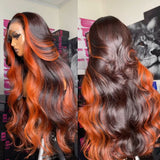 Essence | Perruque Lace Front 13X6 en Cheveux Humains Vierges Roux Foncé Mèches Claires