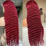 {Vente Flash} Perruque Lace Front à Ondulations Profondes, Cheveux Humains, Pré-Épilée, Rouge Bordeaux 99J, 5x5/13x6