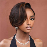 Perruque Lace Front à Cheveux Humains, Coupe Pixie Asymétrique, Mèches Miel et Marron, Pré-épilée