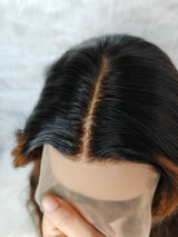 {DERNIÈRE-PIÈCE-EN-LIQUIDATION} Perruque Lace Frontale 13x4 Transparente Cheveux Humains Châtain Mèches Blondes Ondulés