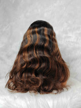 {DERNIÈRE-PIÈCE-EN-LIQUIDATION} Perruque Lace Frontale 13x4 Transparente Cheveux Humains Châtain Mèches Blondes Ondulés