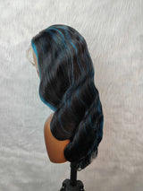 {DERNIÈRE-PIÈCE-EN-STOCK} Perruque ondulée 13x4 en cheveux humains bleus avec mèche transparente