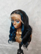 {DERNIÈRE-PIÈCE-EN-STOCK} Perruque ondulée 13x4 en cheveux humains bleus avec mèche transparente