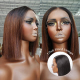 {Vente Éclair} Perruque Lace Front Sans Colle 13x6 Bonnet Ajusté Oreilles Effilées 250% Densité Effet Peau Ombrée Coupe Carrée