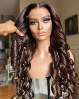 Octavia | Perruque Lace Front à Cheveux Naturels Ondulés et Pré-épilés, Marron Ombré