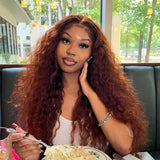{Vente Flash} Perruque Frontale 13x6 Cheveux Humains Dentelle Transparente Complète 250% Auburn Onde Aquatique Marron Roux