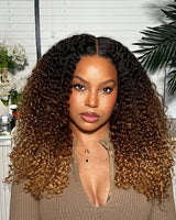 Perruque Lace Front de cheveux humains crépus et bouclés, couleur ombré marron/blond