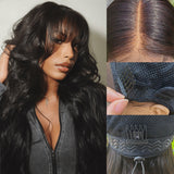 {50 % de réduction} Perruque Lace Closure prédécoupée 7x5 avec cordon de serrage, ondulée avec frange, effet "Skin Melt"