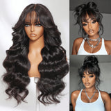 {50 % de réduction} Perruque Lace Closure prédécoupée 7x5 avec cordon de serrage, ondulée avec frange, effet "Skin Melt"