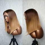 13x6 Knot-Free/9x6 Drawstring Human Hair Honey Mocha Ombre Straight Bob Lace Wig