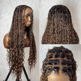 Perruque en cheveux humains mélangés, tressés sans nœuds (Boho Knotless Braids) style tresses africaines ombrées marron, avec bonnet complet en dentelle et sangles invisibles