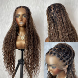 Perruque en cheveux humains mélangés, tressés sans nœuds (Boho Knotless Braids) style tresses africaines ombrées marron, avec bonnet complet en dentelle et sangles invisibles
