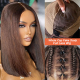 Perruque Bob brune en cheveux humains, avec raie libre, pre-plumée, lace frontale complète avec faux cuir chevelu.
