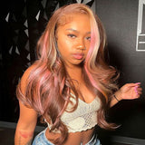 Perruque Lace Front Ondulée Cheveux Naturels Blonds avec Balayage Rose et Mèches Brunes