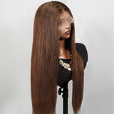 Perruque Lace Front Cheveux Naturels 3D 13x4 FRONTALE Complète Prédécoupée Raide Brune Effet Peau Fondue