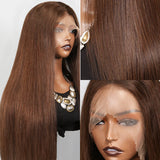 Perruque Lace Front Cheveux Naturels 3D 13x4 FRONTALE Complète Prédécoupée Raide Brune Effet Peau Fondue