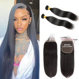 Fermeture en dentelle suisse 6x6|5x5 et 2 paquets d'extensions de cheveux humains vierges lisses et soyeux