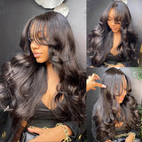 {Vente Flash} Perruque Lace Front 13x4 avec frange rideau, pré-coiffée, 250% densité, cheveux humains, Body Wave
