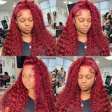 {Vente Flash} Perruque Lace Front à Ondulations Profondes, Cheveux Humains, Pré-Épilée, Rouge Bordeaux 99J, 5x5/13x6