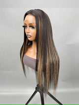 Perruque Lace Front Droite Diva Ombré Balayage Pré-épilée en Cheveux Humains avec Mèches