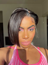 Perruque Lace Front Cheveux Humains Ligne de Cheveux Naturelle Coupe Pixie Coiffée Raie Latérale Effet Yaki Léger