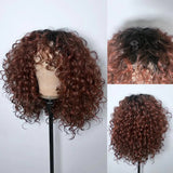 Perruque de cheveux humains pleine machine, ombrée, marron gingembre, avec frange
