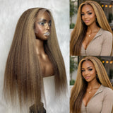 Perruque Lace Front Kinky Raide Ombré avec Mèches, Cheveux Humains, 9x6/13x6, Effet Fondant sur la Peau