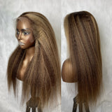 Perruque Lace Front Kinky Raide Ombré avec Mèches, Cheveux Humains, 9x6/13x6, Effet Fondant sur la Peau
