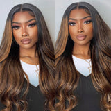 {Soldes Exceptionnels} Perruque Lace Front Cheveux Humains Pré-épilée Mèches Ombrées Miel Brun