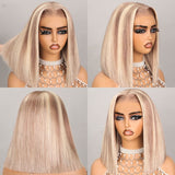 Perruque Lace Front 13x4 Cheveux Humains Lisse Courte Bob Balayage Blonde 613