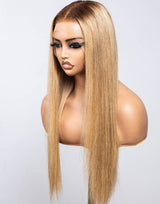 Perruque Lace Front 13x6 en Cheveux Naturels Ombrés Brun/Blond, Ligne de Cheveux Ultra Fine