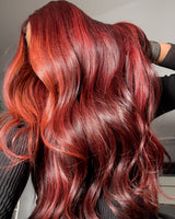 Perruque Lace Front rouge, préeffilée, avec mèches 13x6 / 13x4, en cheveux humains