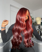 Perruque Lace Front rouge, préeffilée, avec mèches 13x6 / 13x4, en cheveux humains