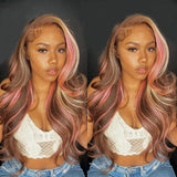 Perruque Lace Front Ondulée Cheveux Naturels Blonds avec Balayage Rose et Mèches Brunes